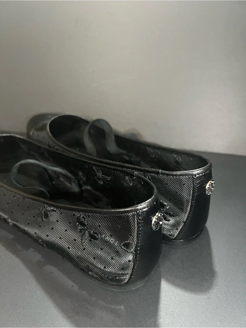 New Tory Burch Black Textured Ballet Flats with Elastic Strap
